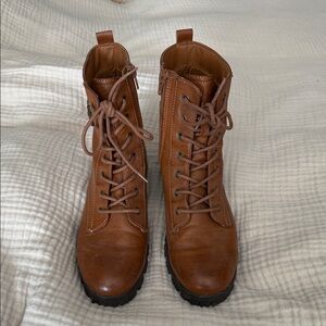 Brown Lace-Up Faux Leather Boots